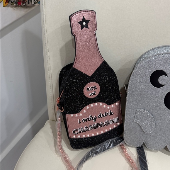 BUNDLE of 2 Sparkly Black/Pink Champagne and Silver Ghost Crossbody Bags - Picture 2 of 6